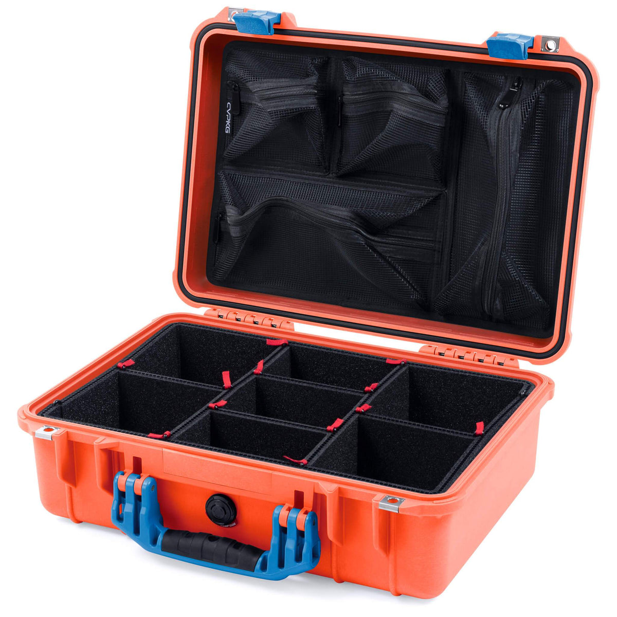 Pelican 1500 Case, Orange with Blue Handle &amp; Latches TrekPak Divider System with Mesh Lid Organizer ColorCase 015000-0120-150-120