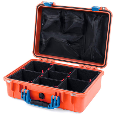 Pelican 1500 Case, Orange with Blue Handle & Latches TrekPak Divider System with Mesh Lid Organizer ColorCase 015000-0120-150-120