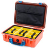 Pelican 1500 Case, Orange with Blue Handle & Latches Yellow Padded Microfiber Dividers with Computer Pouch ColorCase 015000-0210-150-120