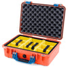 Pelican 1500 Case, Orange with Blue Handle & Latches Yellow Padded Microfiber Dividers with Convolute Lid Foam ColorCase 015000-0010-150-120