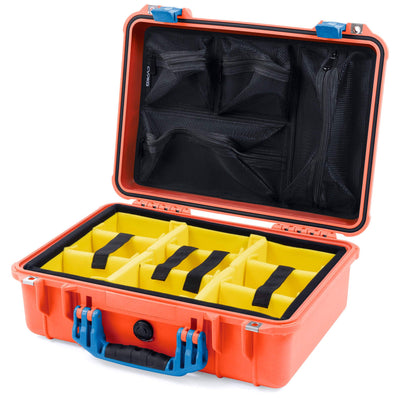 Pelican 1500 Case, Orange with Blue Handle & Latches Yellow Padded Microfiber Dividers with Mesh Lid Organizer ColorCase 015000-0110-150-120