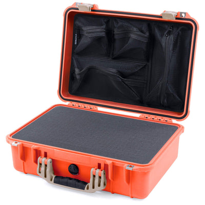 Pelican 1500 Case, Orange with Desert Tan Handle & Latches Pick & Pluck Foam with Mesh Lid Organizer ColorCase 015000-0101-150-310