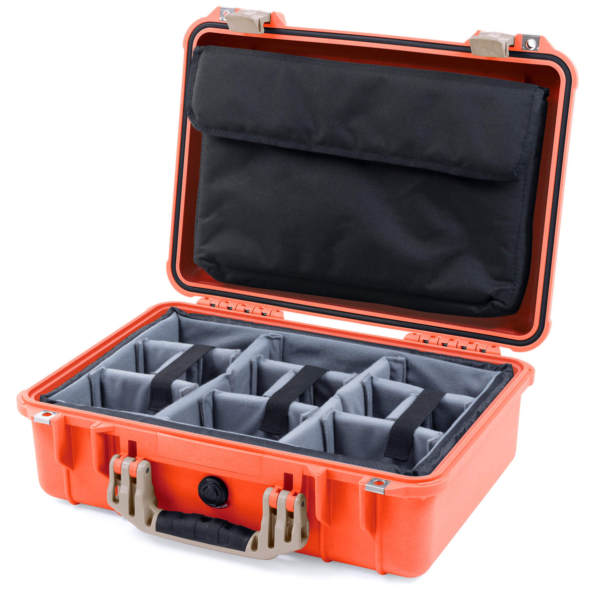 Pelican 1500 Case, Orange with Desert Tan Handle &amp; Latches Gray Padded Microfiber Dividers with Computer Pouch ColorCase 015000-0270-150-310