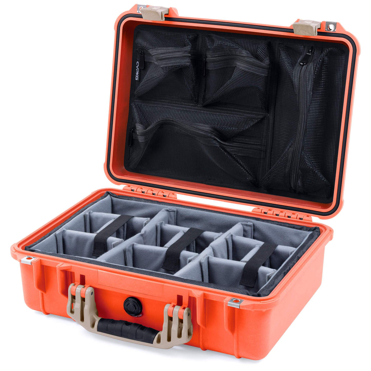 Pelican 1500 Case, Orange with Desert Tan Handle &amp; Latches Gray Padded Microfiber Dividers with Mesh Lid Organizer ColorCase 015000-0170-150-310
