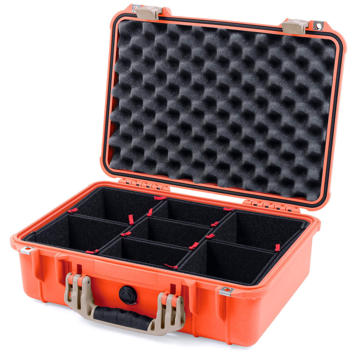Pelican 1500 Case, Orange with Desert Tan Handle &amp; Latches TrekPak Divider System with Convolute Lid Foam ColorCase 015000-0020-150-310