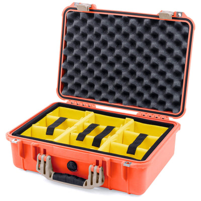 Pelican 1500 Case, Orange with Desert Tan Handle & Latches Yellow Padded Microfiber Dividers with Convolute Lid Foam ColorCase 015000-0010-150-310