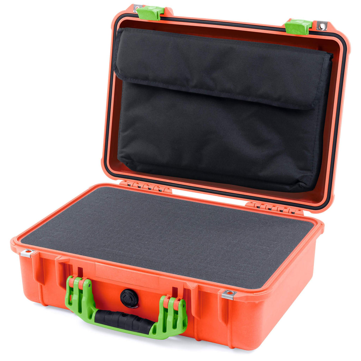 Pelican 1500 Case, Orange with Lime Green Handle &amp; Latches Pick &amp; Pluck Foam with Computer Pouch ColorCase 015000-0201-150-300