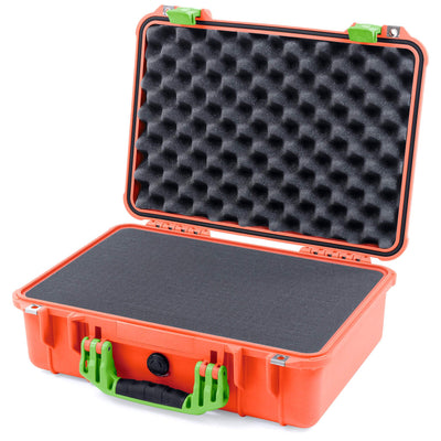 Pelican 1500 Case, Orange with Lime Green Handle & Latches Pick & Pluck Foam with Convolute Lid Foam ColorCase 015000-0001-150-300