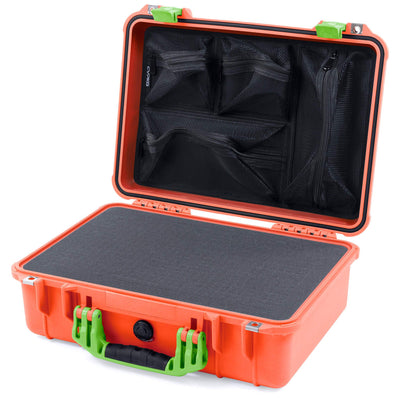 Pelican 1500 Case, Orange with Lime Green Handle & Latches Pick & Pluck Foam with Mesh Lid Organizer ColorCase 015000-0101-150-300