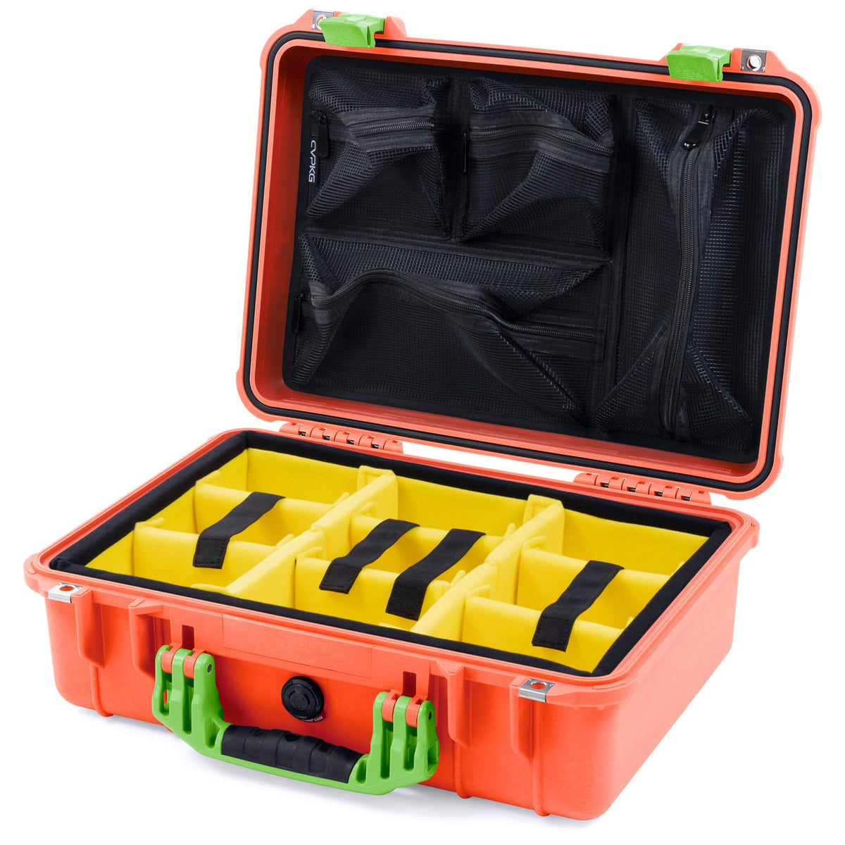 Pelican 1500 Case, Orange with Lime Green Handle &amp; Latches Yellow Padded Microfiber Dividers with Mesh Lid Organizer ColorCase 015000-0110-150-300