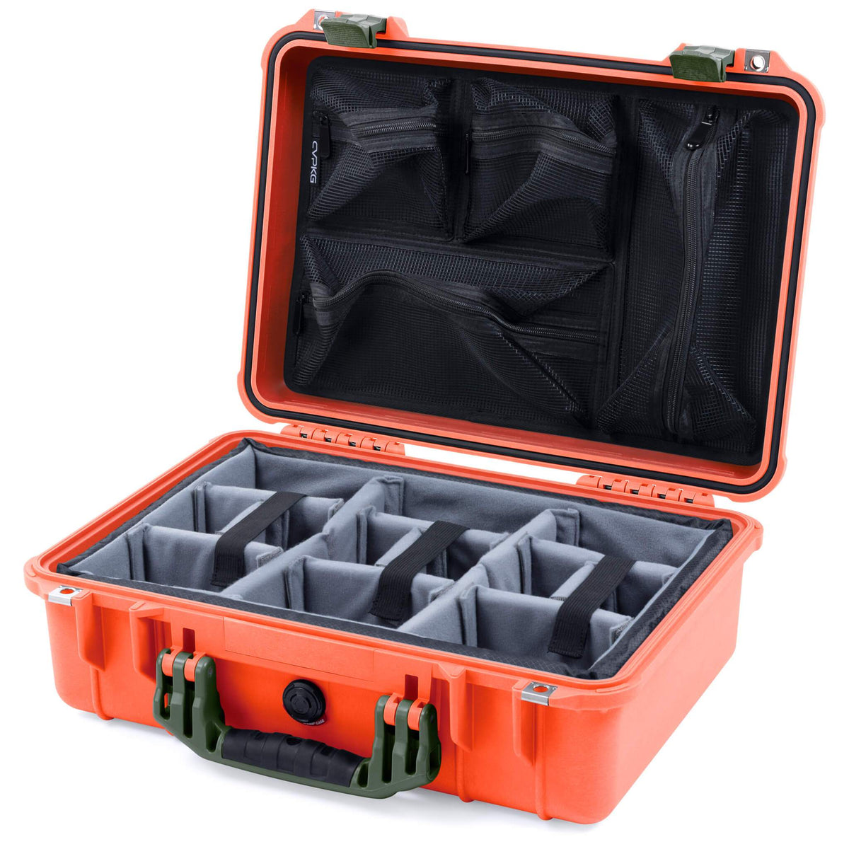 Pelican 1500 Case, Orange with OD Green Handle &amp; Latches Gray Padded Microfiber Dividers with Mesh Lid Organizer ColorCase 015000-0170-150-130