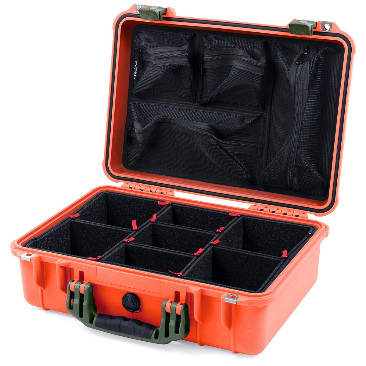 Pelican 1500 Case, Orange with OD Green Handle &amp; Latches TrekPak Divider System with Mesh Lid Organizer ColorCase 015000-0120-150-130