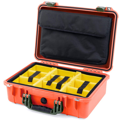 Pelican 1500 Case, Orange with OD Green Handle & Latches Yellow Padded Microfiber Dividers with Computer Pouch ColorCase 015000-0210-150-130