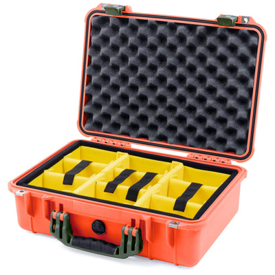 Pelican 1500 Case, Orange with OD Green Handle & Latches Yellow Padded Microfiber Dividers with Convolute Lid Foam ColorCase 015000-0010-150-130