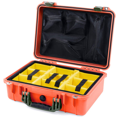 Pelican 1500 Case, Orange with OD Green Handle & Latches Yellow Padded Microfiber Dividers with Mesh Lid Organizer ColorCase 015000-0110-150-130