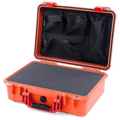 Pelican 1500 Case, Orange with Red Handle & Latches Pick & Pluck Foam with Mesh Lid Organizer ColorCase 015000-0101-150-320