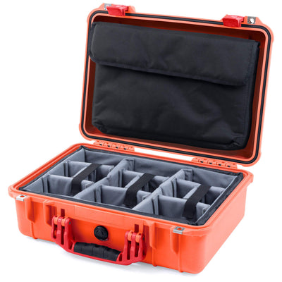 Pelican 1500 Case, Orange with Red Handle & Latches Gray Padded Microfiber Dividers with Computer Pouch ColorCase 015000-0270-150-320