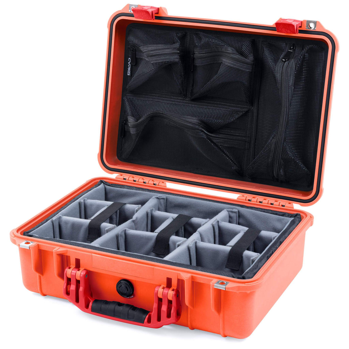 Pelican 1500 Case, Orange with Red Handle &amp; Latches Gray Padded Microfiber Dividers with Mesh Lid Organizer ColorCase 015000-0170-150-320