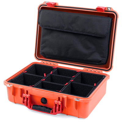 Pelican 1500 Case, Orange with Red Handle & Latches TrekPak Divider System with Computer Pouch ColorCase 015000-0220-150-320