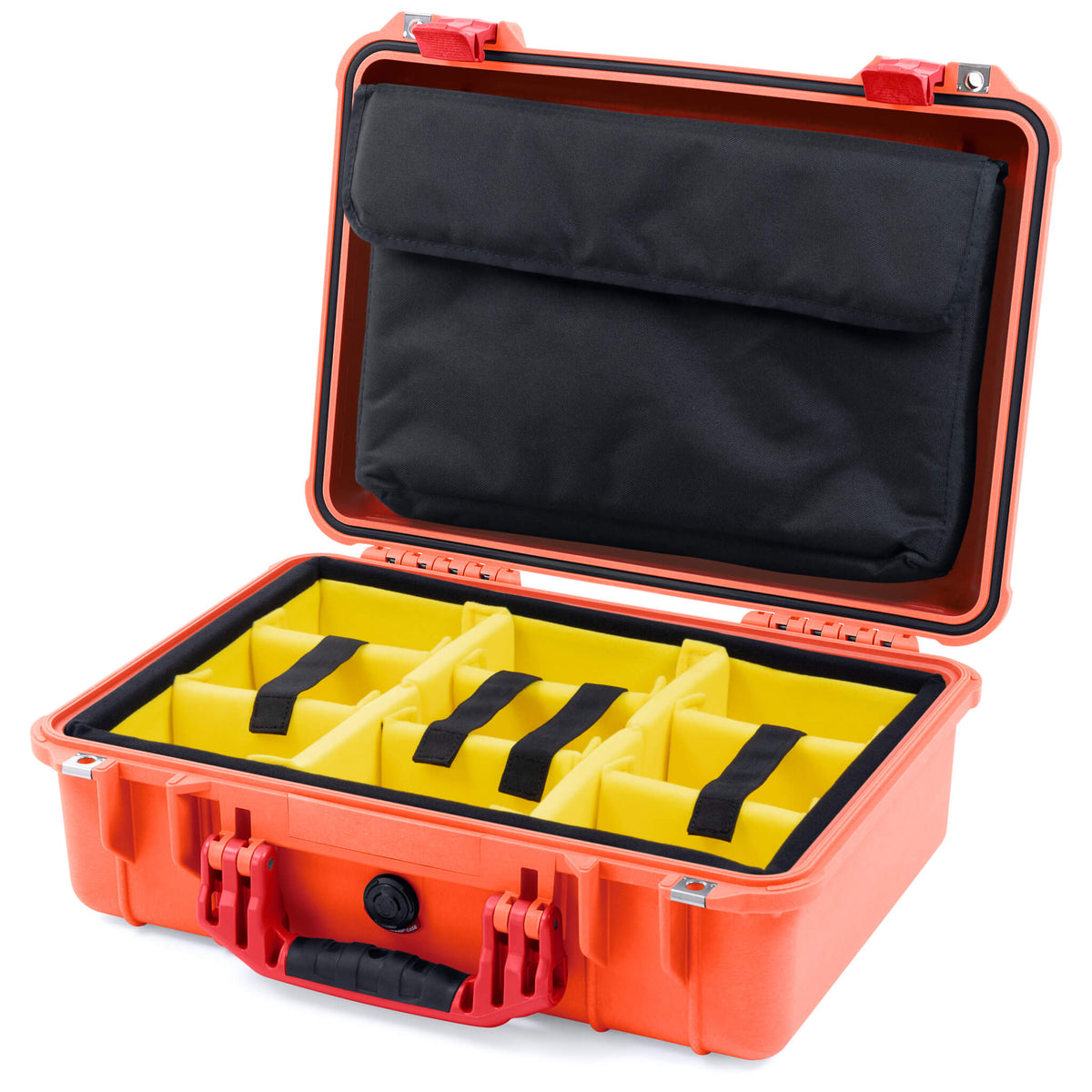 Pelican 1500 Case, Orange with Red Handle &amp; Latches Yellow Padded Microfiber Dividers with Computer Pouch ColorCase 015000-0210-150-320