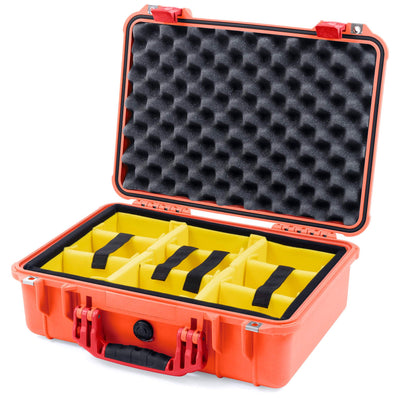 Pelican 1500 Case, Orange with Red Handle & Latches Yellow Padded Microfiber Dividers with Convolute Lid Foam ColorCase 015000-0010-150-320