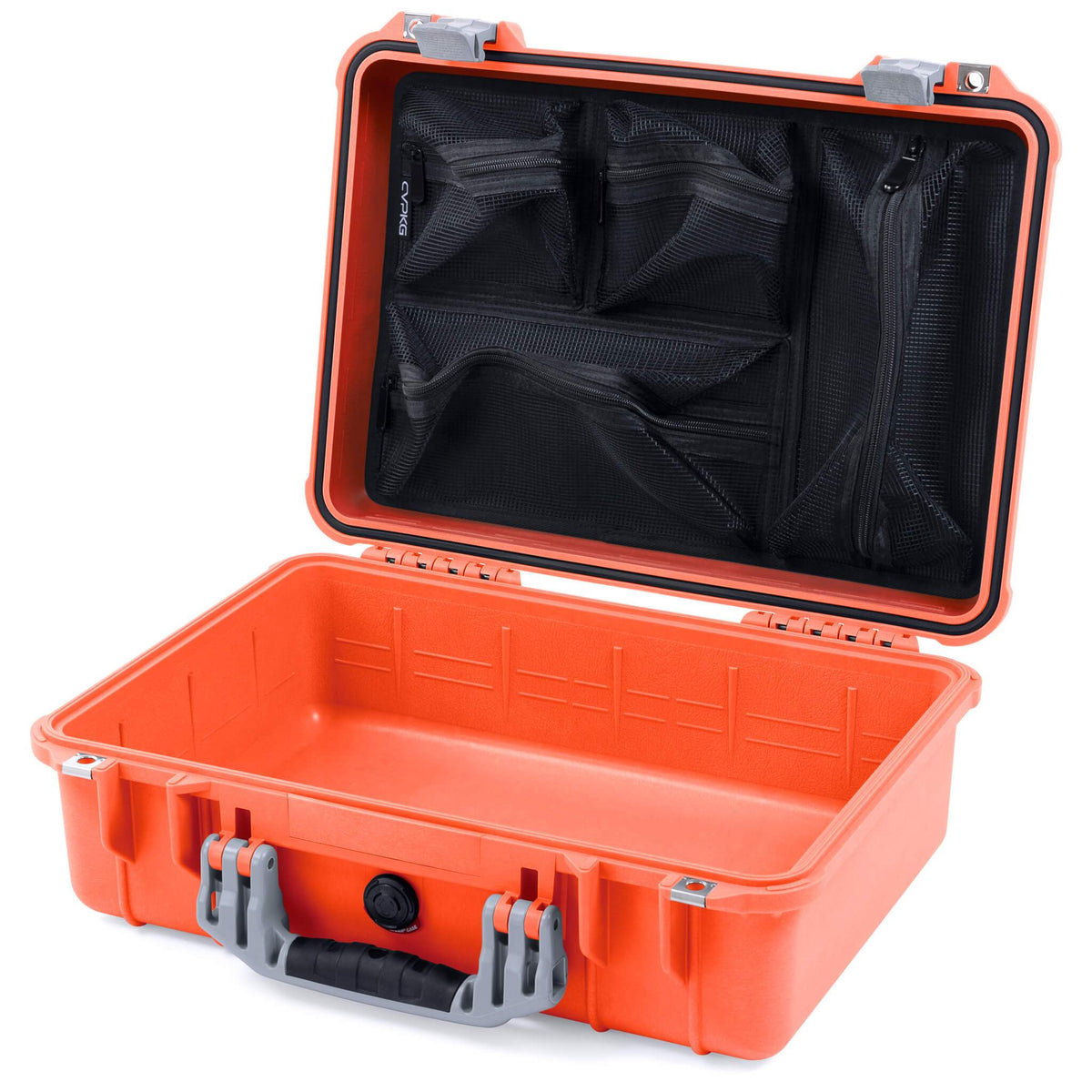 Pelican 1500 Case, Orange with Silver Handle &amp; Latches Mesh Lid Organizer Only ColorCase 015000-0100-150-180