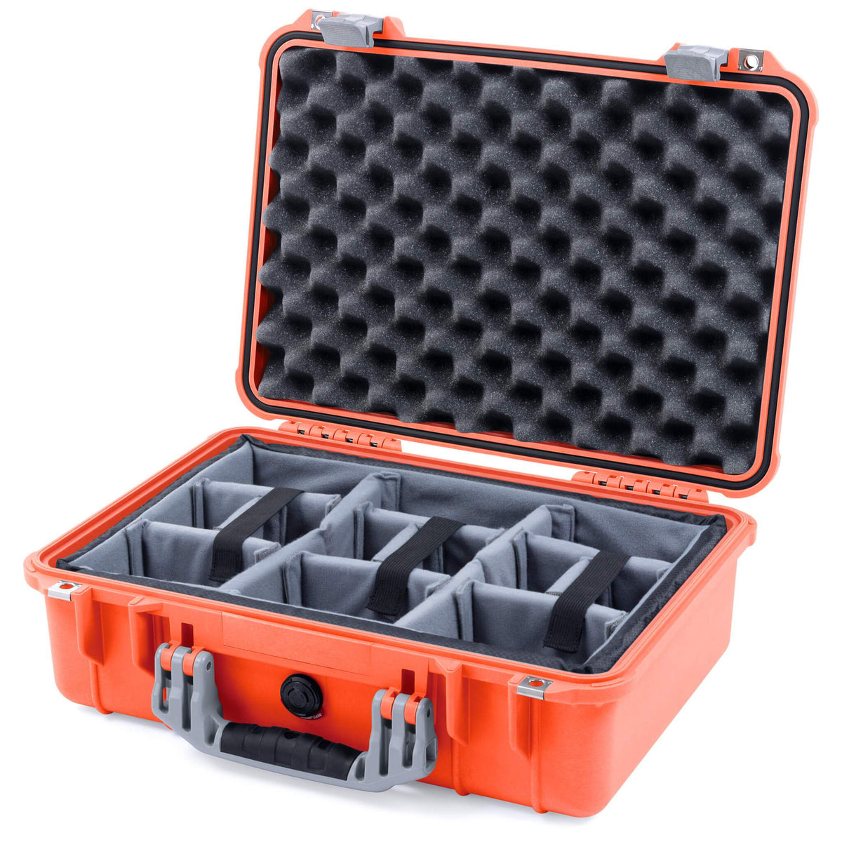 Pelican 1500 Case, Orange with Silver Handle &amp; Latches Gray Padded Microfiber Dividers with Convolute Lid Foam ColorCase 015000-0070-150-180