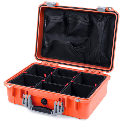 Pelican 1500 Case, Orange with Silver Handle & Latches TrekPak Divider System with Mesh Lid Organizer ColorCase 015000-0120-150-180
