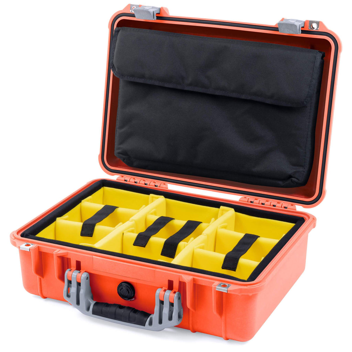 Pelican 1500 Case, Orange with Silver Handle &amp; Latches Yellow Padded Microfiber Dividers with Computer Pouch ColorCase 015000-0210-150-180