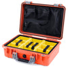 Pelican 1500 Case, Orange with Silver Handle & Latches Yellow Padded Microfiber Dividers with Mesh Lid Organizer ColorCase 015000-0110-150-180