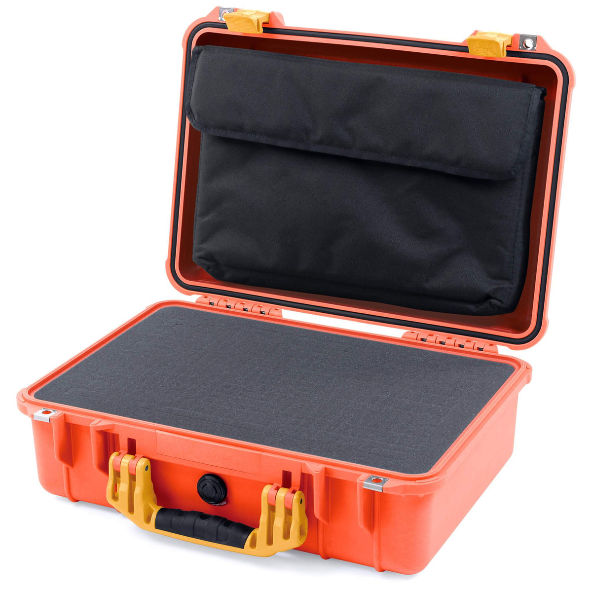 Pelican 1500 Case, Orange with Yellow Handle &amp; Latches Pick &amp; Pluck Foam with Computer Pouch ColorCase 015000-0201-150-240