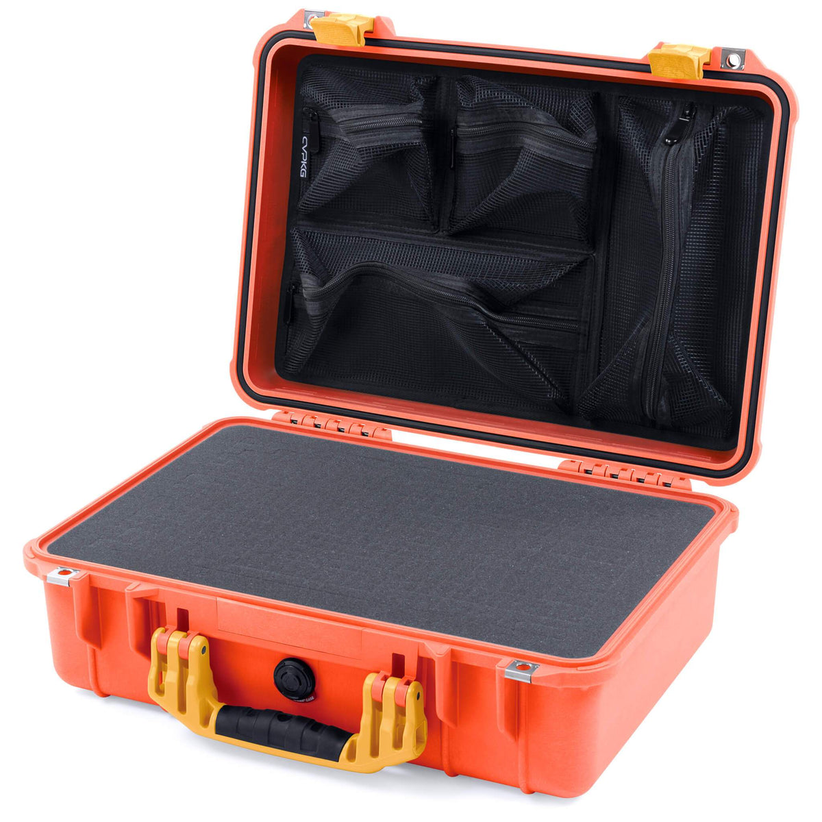 Pelican 1500 Case, Orange with Yellow Handle &amp; Latches Pick &amp; Pluck Foam with Mesh Lid Organizer ColorCase 015000-0101-150-240