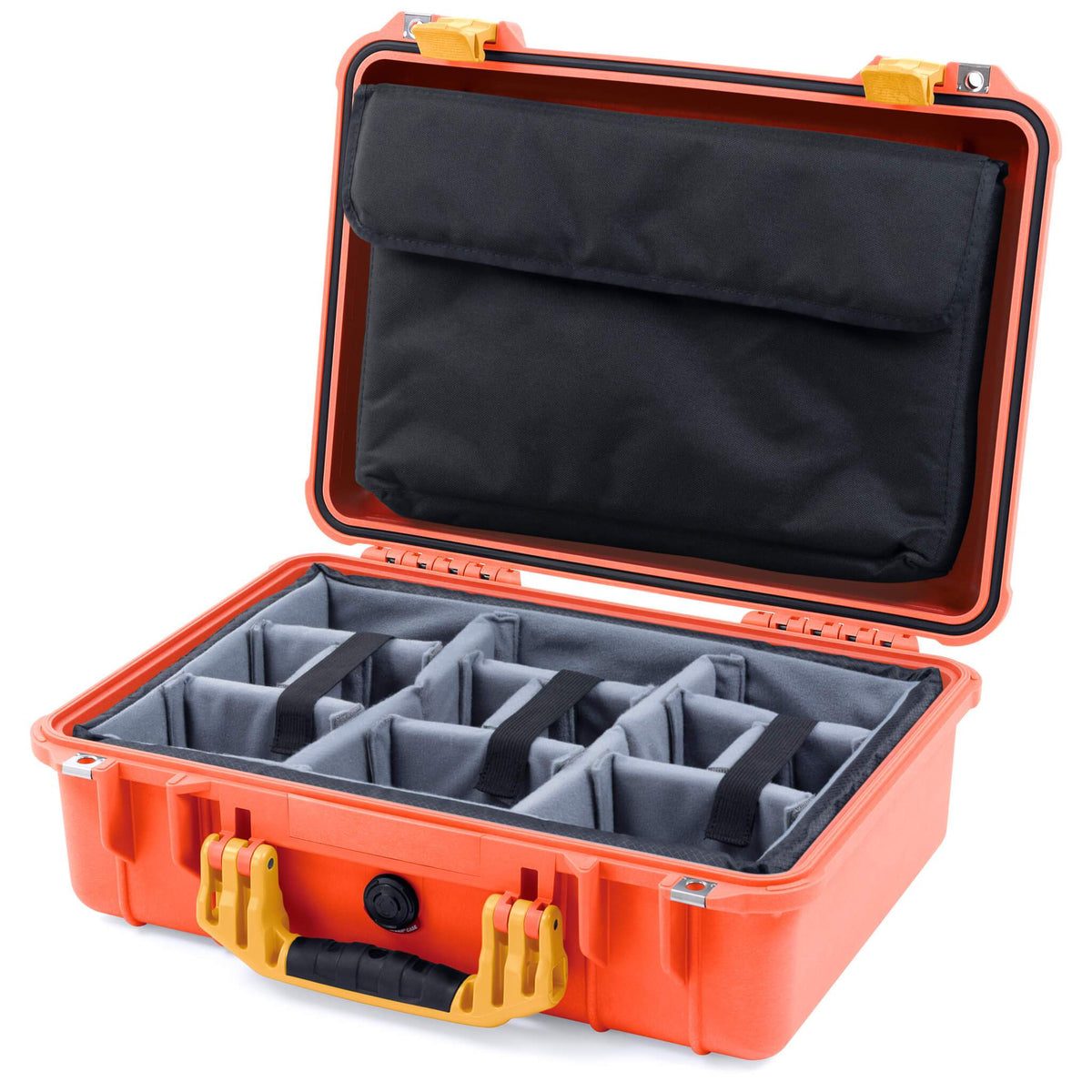 Pelican 1500 Case, Orange with Yellow Handle &amp; Latches Gray Padded Microfiber Dividers with Computer Pouch ColorCase 015000-0270-150-240