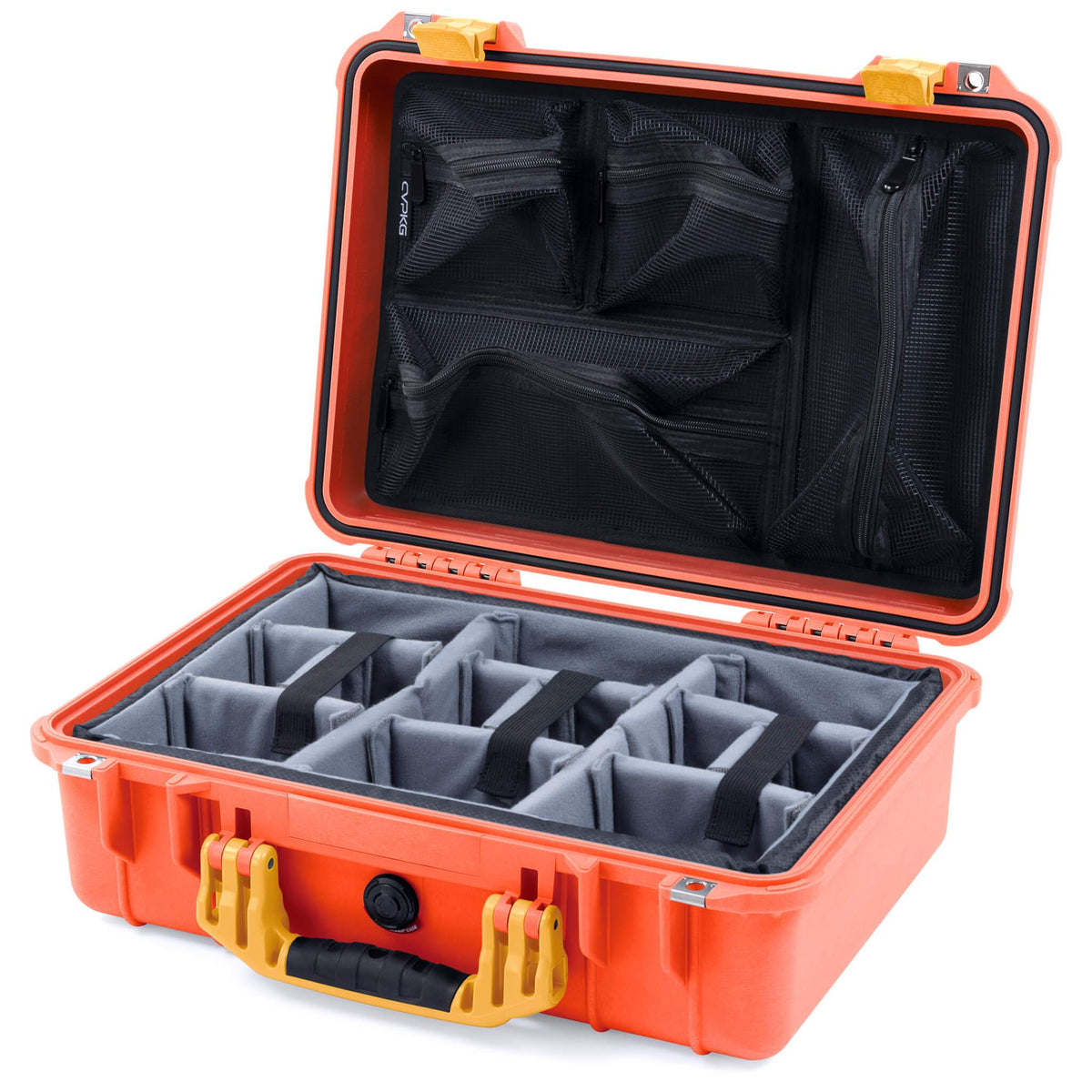 Pelican 1500 Case, Orange with Yellow Handle &amp; Latches Gray Padded Microfiber Dividers with Mesh Lid Organizer ColorCase 015000-0170-150-240