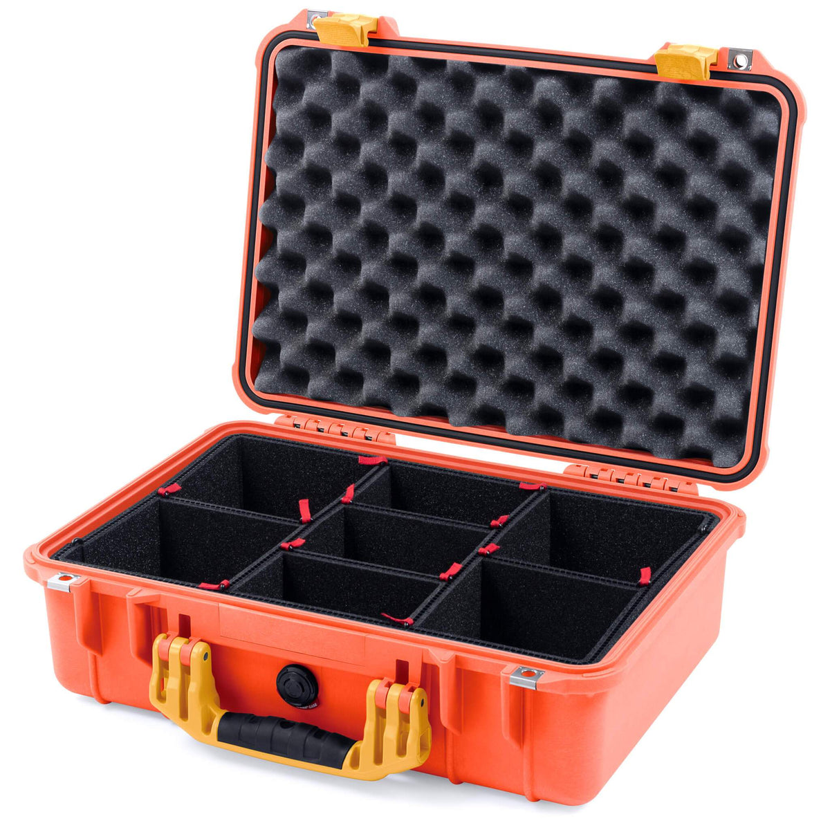 Pelican 1500 Case, Orange with Yellow Handle &amp; Latches TrekPak Divider System with Convolute Lid Foam ColorCase 015000-0020-150-240