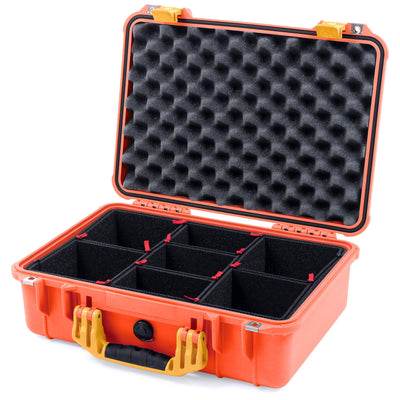 Pelican 1500 Case, Orange with Yellow Handle & Latches TrekPak Divider System with Convolute Lid Foam ColorCase 015000-0020-150-240