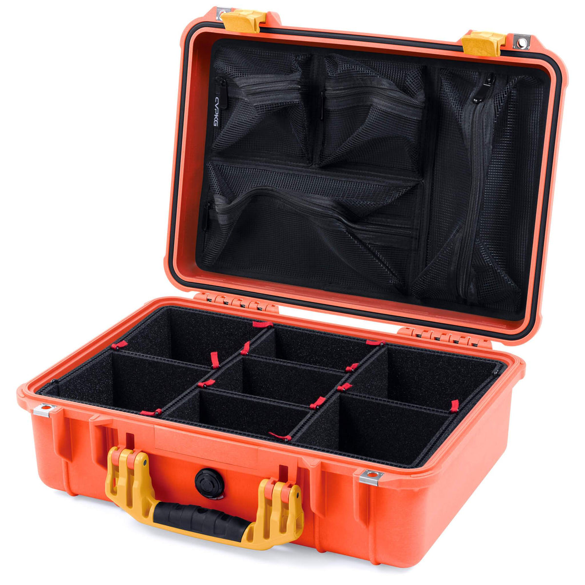 Pelican 1500 Case, Orange with Yellow Handle &amp; Latches TrekPak Divider System with Mesh Lid Organizer ColorCase 015000-0120-150-240