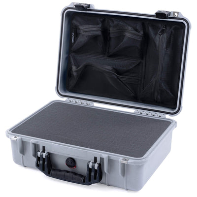 Pelican 1500 Case, Silver with Black Handle & Latches Pick & Pluck Foam with Mesh Lid Organizer ColorCase 015000-0101-180-110
