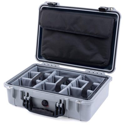 Pelican 1500 Case, Silver with Black Handle & Latches Gray Padded Microfiber Dividers with Computer Pouch ColorCase 015000-0270-180-110