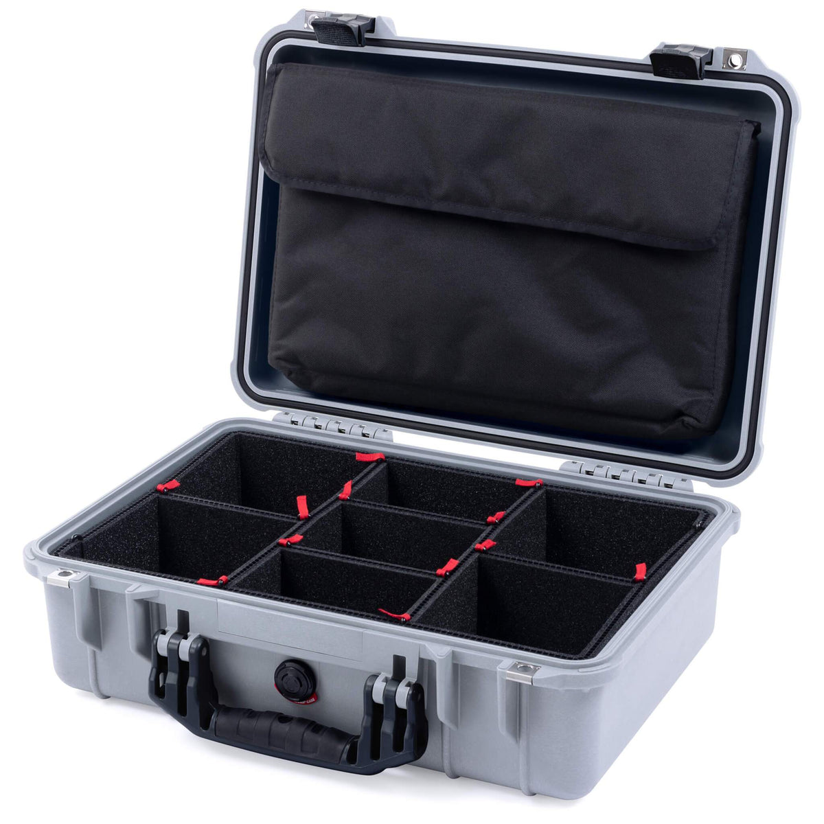 Pelican 1500 Case, Silver with Black Handle &amp; Latches TrekPak Divider System with Computer Pouch ColorCase 015000-0220-180-110