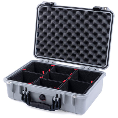 Pelican 1500 Case, Silver with Black Handle & Latches TrekPak Divider System with Convolute Lid Foam ColorCase 015000-0020-180-110