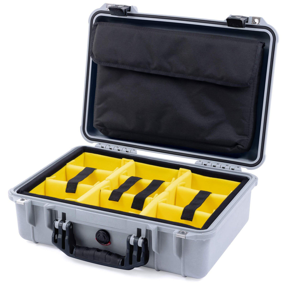 Pelican 1500 Case, Silver with Black Handle &amp; Latches Yellow Padded Microfiber Dividers with Computer Pouch ColorCase 015000-0210-180-110