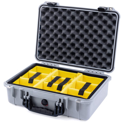 Pelican 1500 Case, Silver with Black Handle & Latches Yellow Padded Microfiber Dividers with Convolute Lid Foam ColorCase 015000-0010-180-110