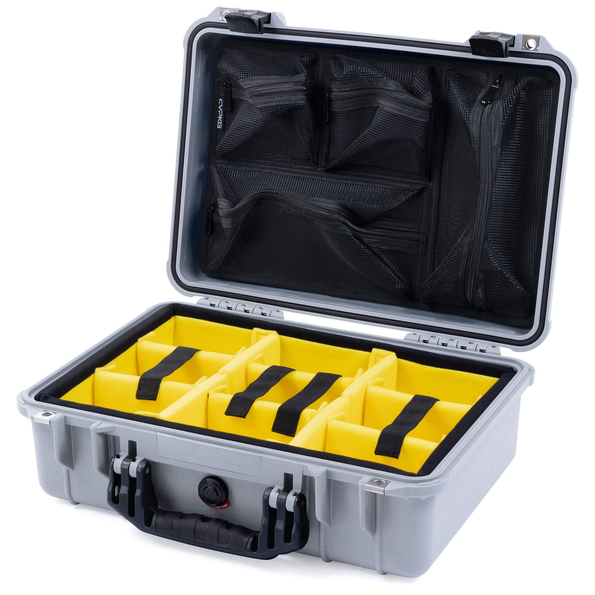 Pelican 1500 Case, Silver with Black Handle &amp; Latches Yellow Padded Microfiber Dividers with Mesh Lid Organizer ColorCase 015000-0110-180-110