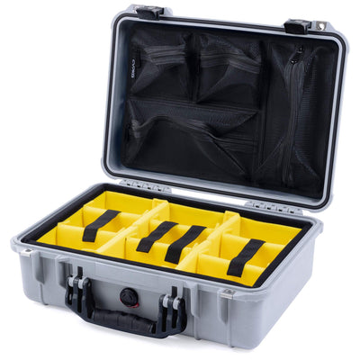 Pelican 1500 Case, Silver with Black Handle & Latches Yellow Padded Microfiber Dividers with Mesh Lid Organizer ColorCase 015000-0110-180-110