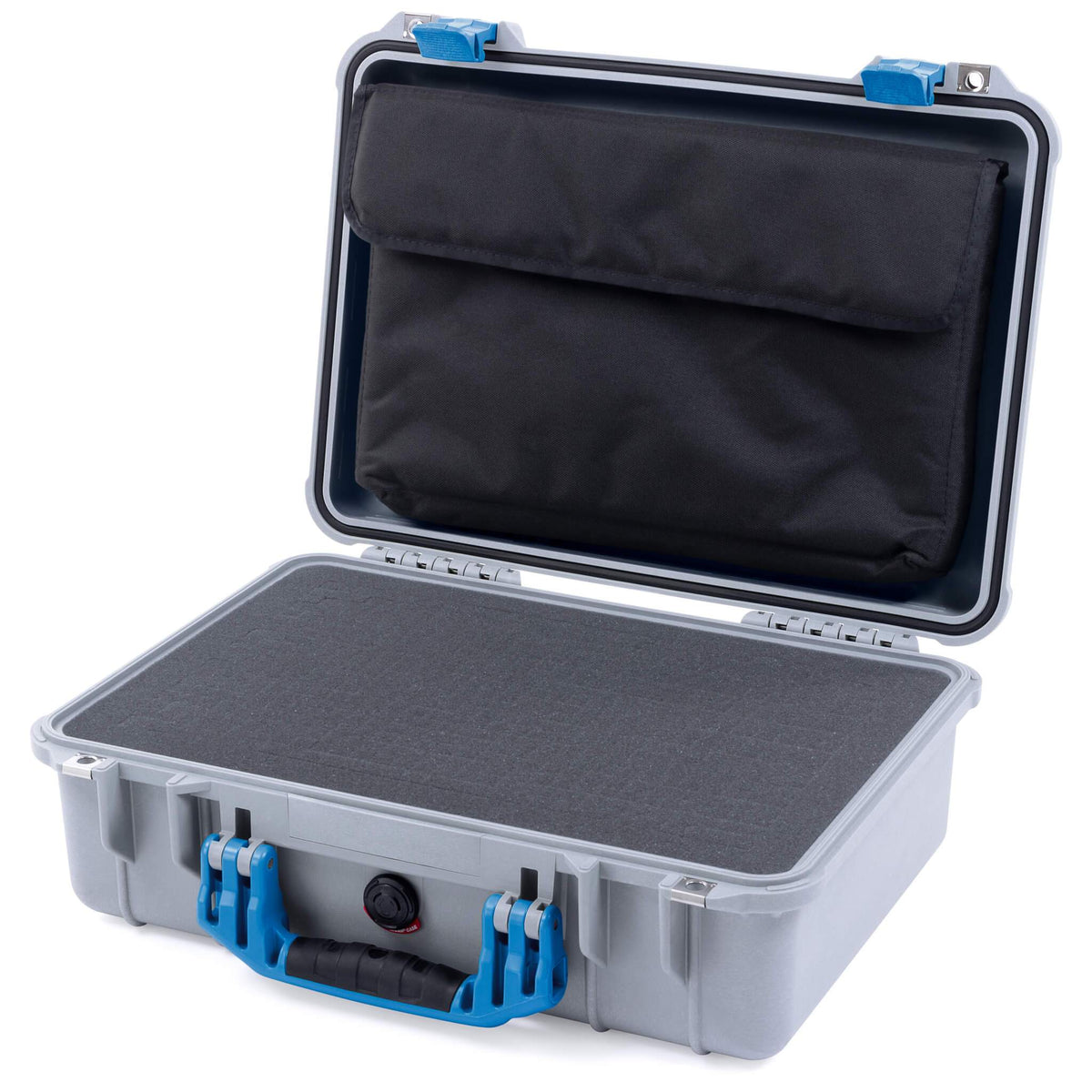 Pelican 1500 Case, Silver with Blue Handle &amp; Latches Pick &amp; Pluck Foam with Computer Pouch ColorCase 015000-0201-180-120