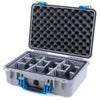 Pelican 1500 Case, Silver with Blue Handle & Latches Gray Padded Microfiber Dividers with Convolute Lid Foam ColorCase 015000-0070-180-120
