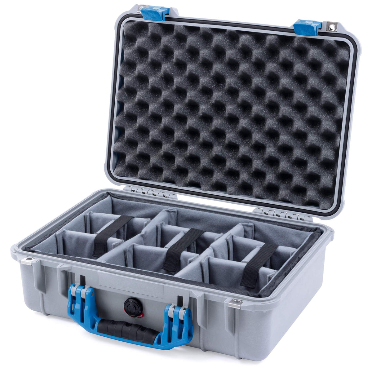Pelican 1500 Case, Silver with Blue Handle &amp; Latches Gray Padded Microfiber Dividers with Convolute Lid Foam ColorCase 015000-0070-180-120