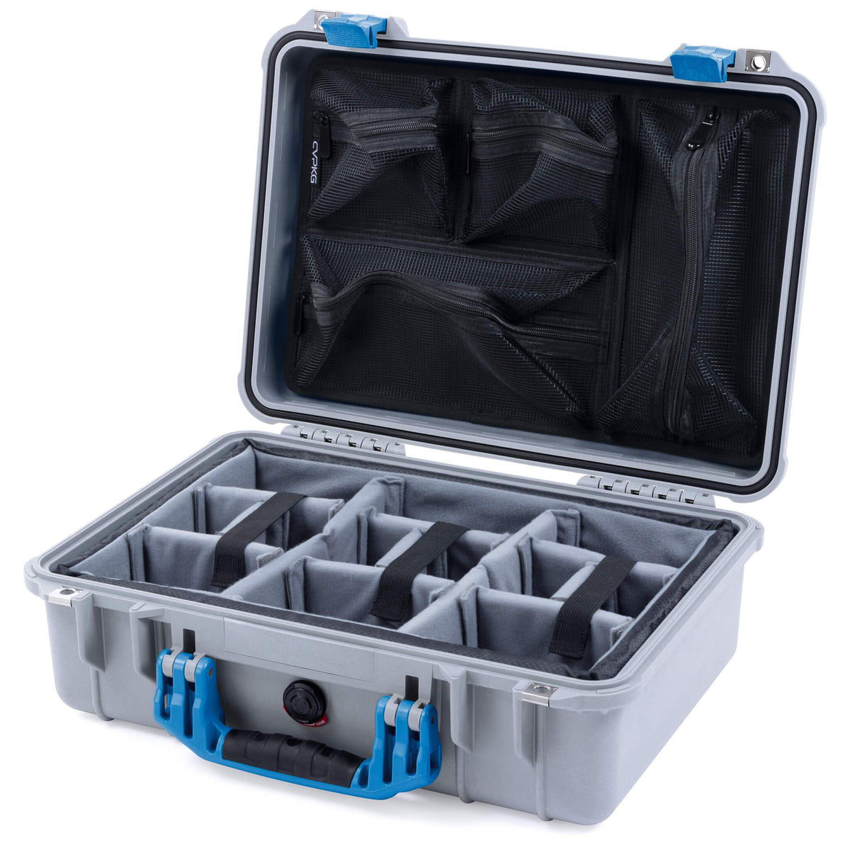 Pelican 1500 Case, Silver with Blue Handle &amp; Latches Gray Padded Microfiber Dividers with Mesh Lid Organizer ColorCase 015000-0170-180-120