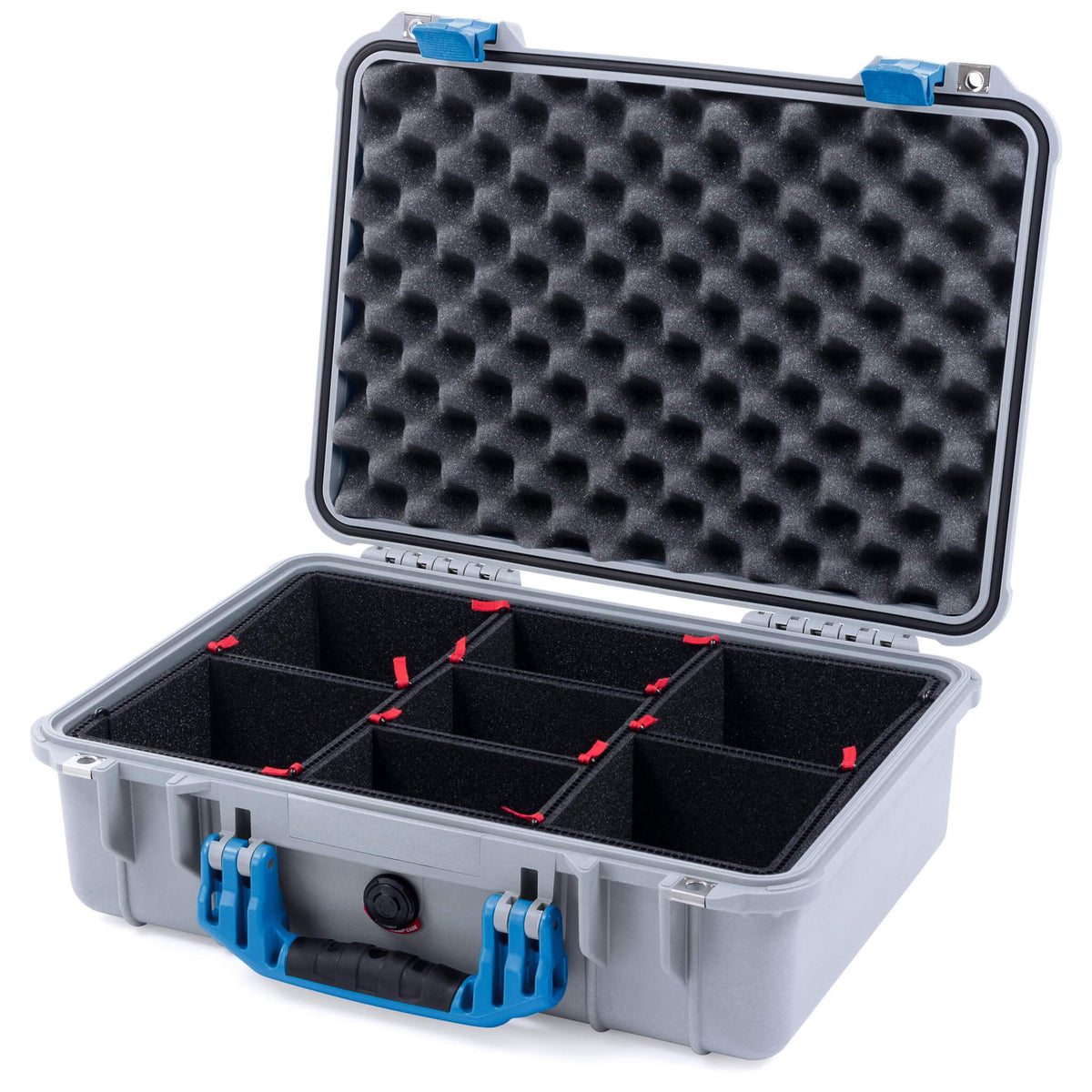 Pelican 1500 Case, Silver with Blue Handle &amp; Latches TrekPak Divider System with Convolute Lid Foam ColorCase 015000-0020-180-120
